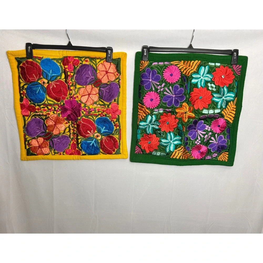 Hand Embroidered Floral Pillow Covers Set of 2 Yellow Green Boho Folk Art Square